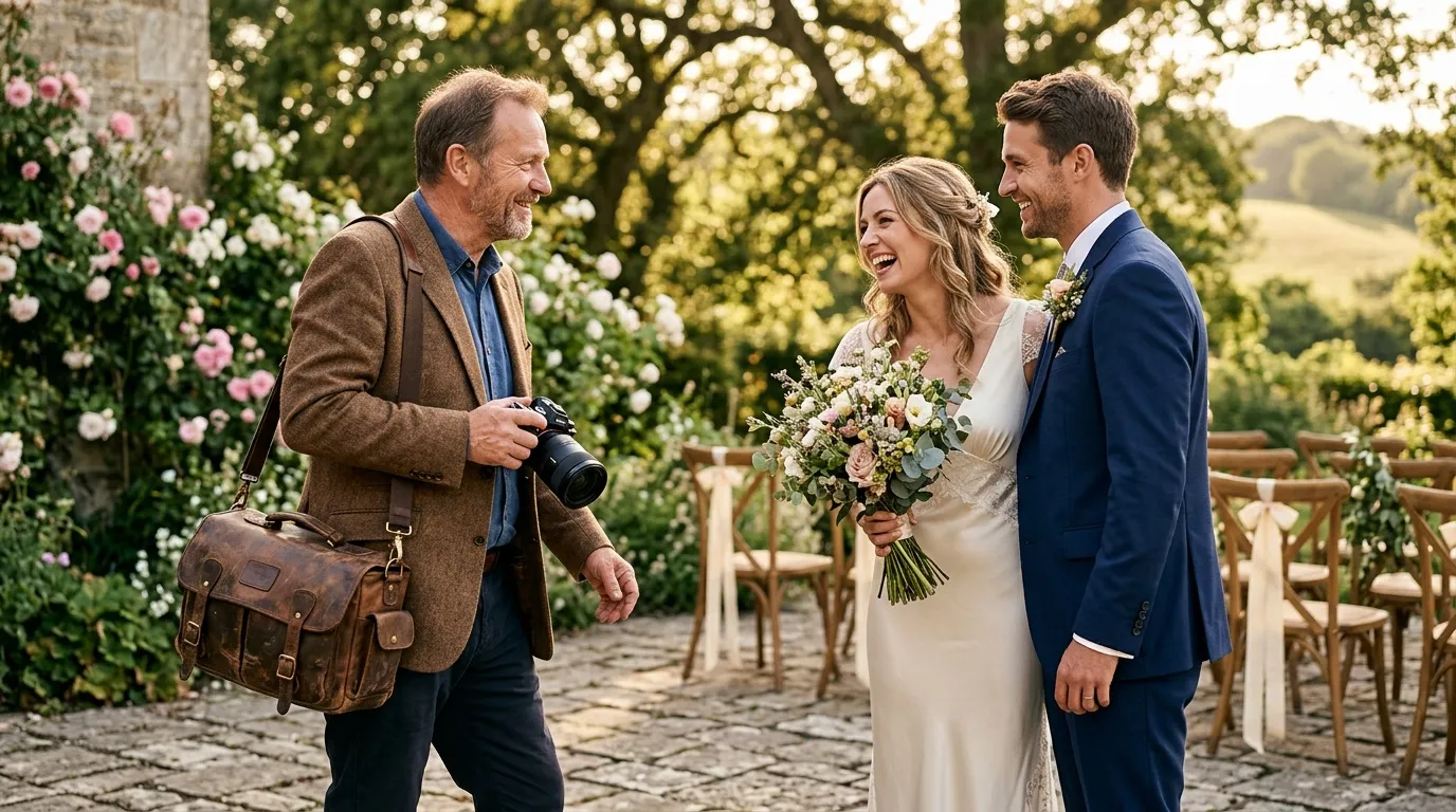 Photographe professionnel avec mariés dans jardin fleuri