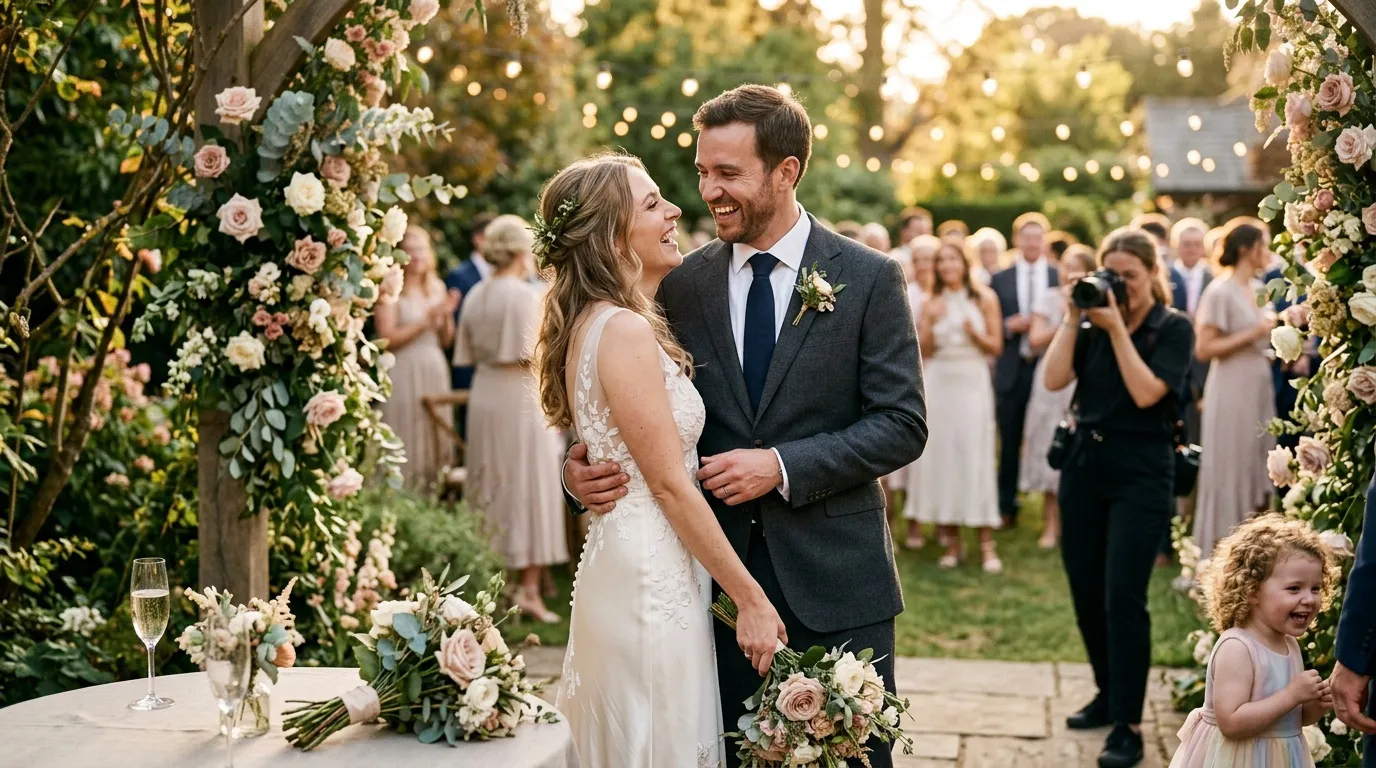 Couple heureux échangeant des vœux sous une arche fleurie