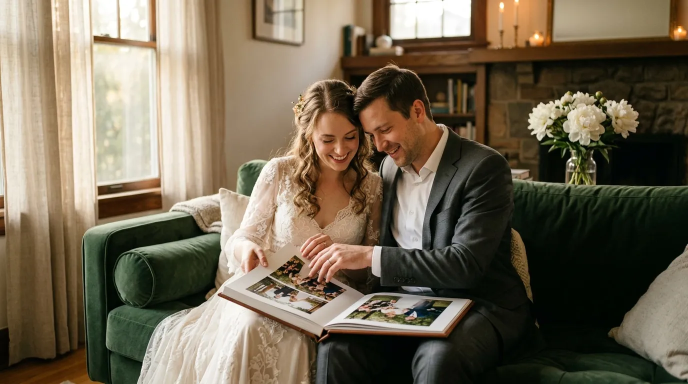 Couple en tenue de mariage regardant un album photo sur canapé