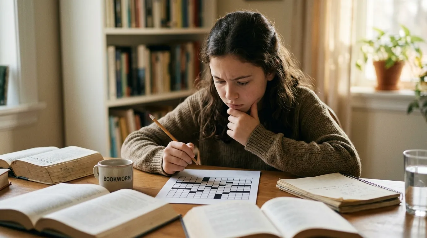 Adolescente concentr&eacute;e faisant un puzzle crossword &agrave; son bureau