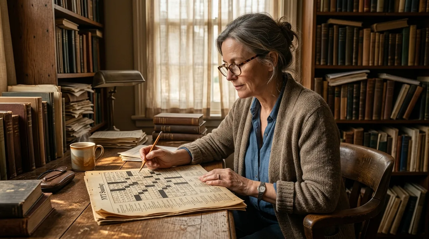 Femme en biblioth&egrave;que r&eacute;solvant une grille de mots crois&eacute;s