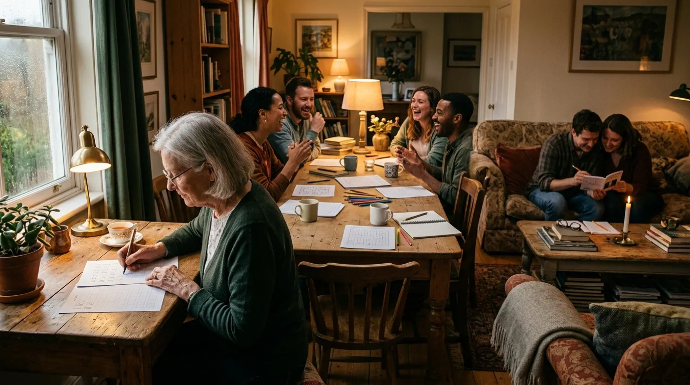 Groupe familial &eacute;crivant ensemble dans un salon chaleureux