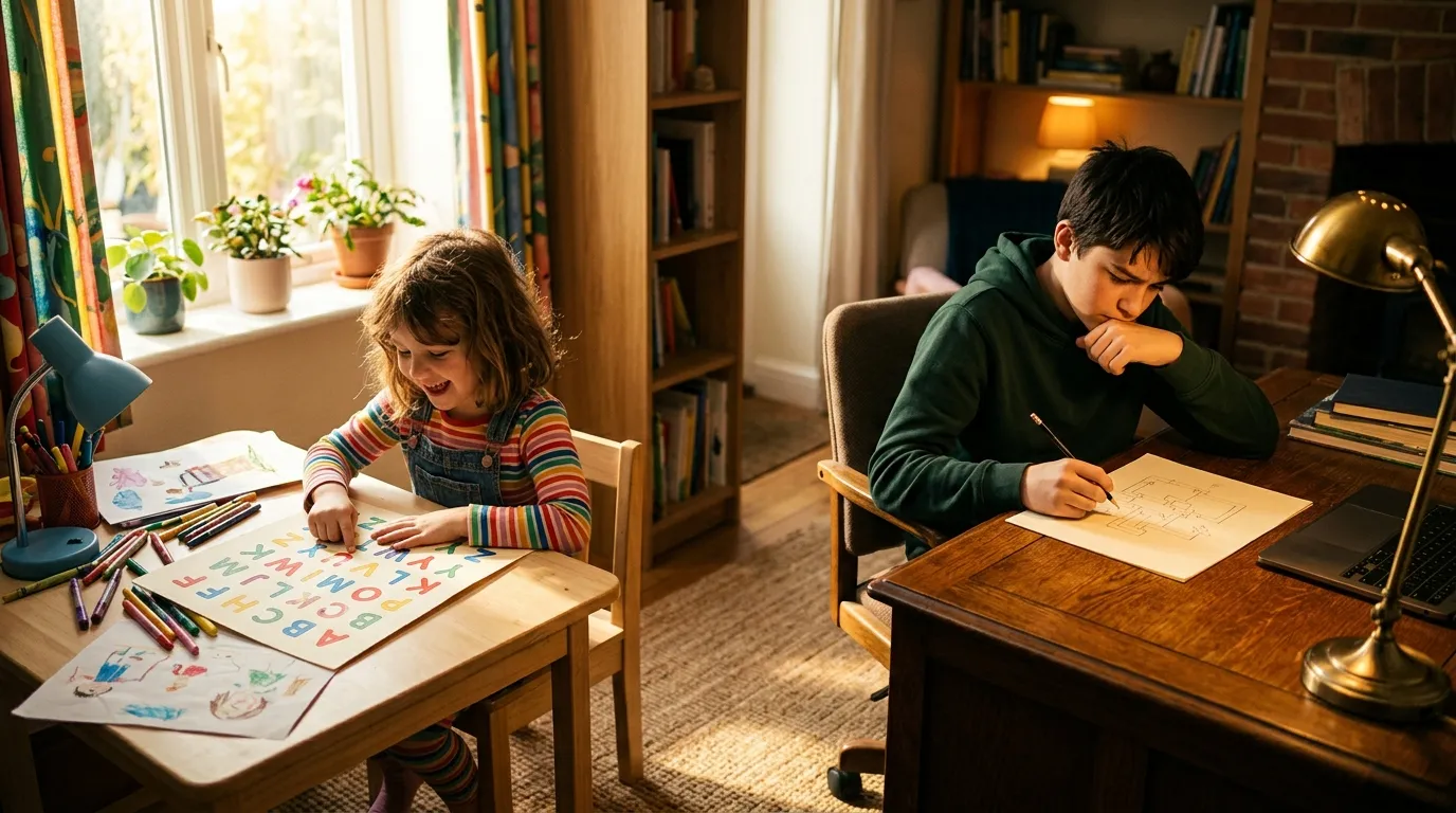 Deux enfants font leurs devoirs &agrave; leurs bureaux dans une pi&egrave;ce lumineuse.