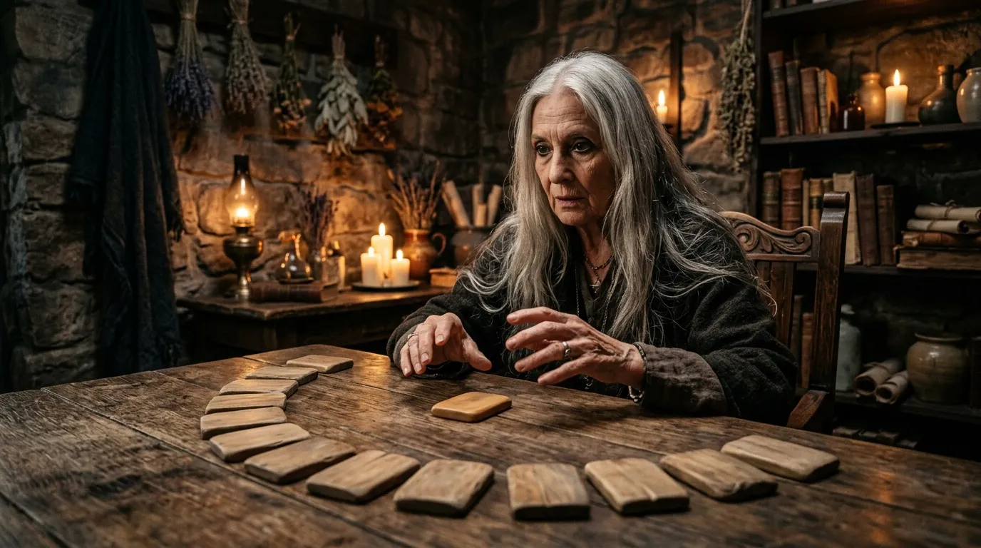 Femme aux cheveux gris lisant les cartes de tarot à la chandelle