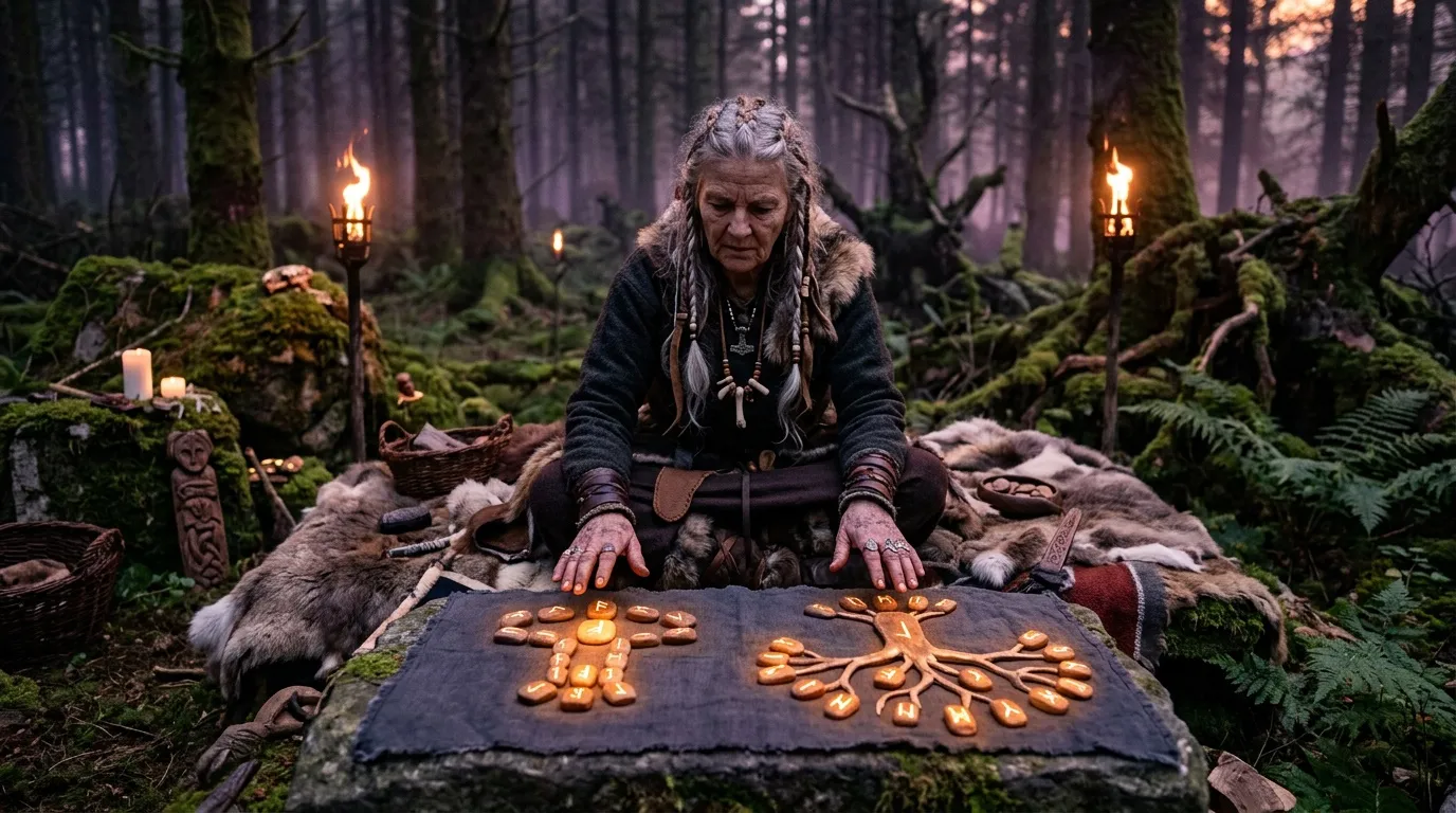 Femme chamane effectuant un rituel mystique dans une forêt magique.