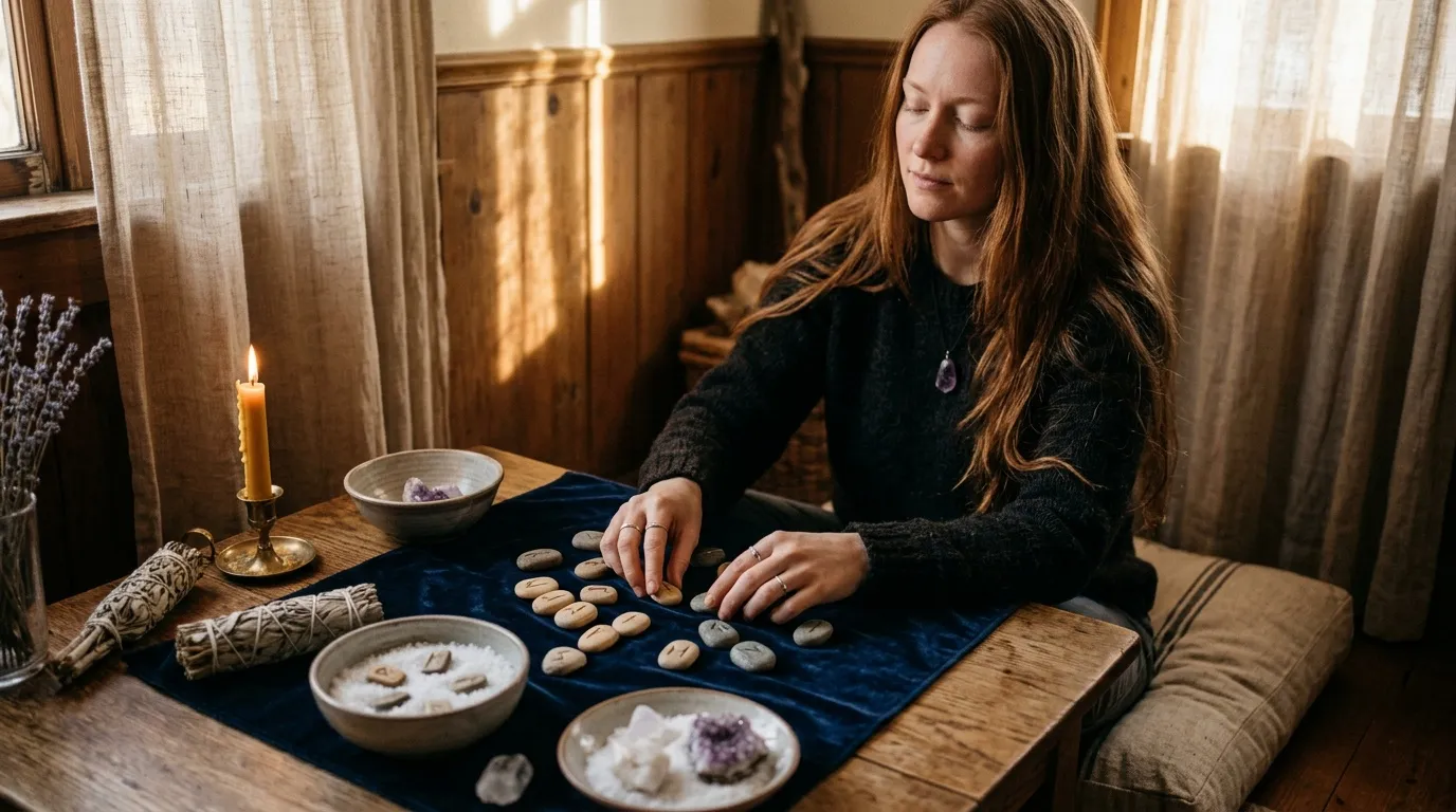 Femme lisant les runes sur un tissu bleu lors d'une séance spirituelle.