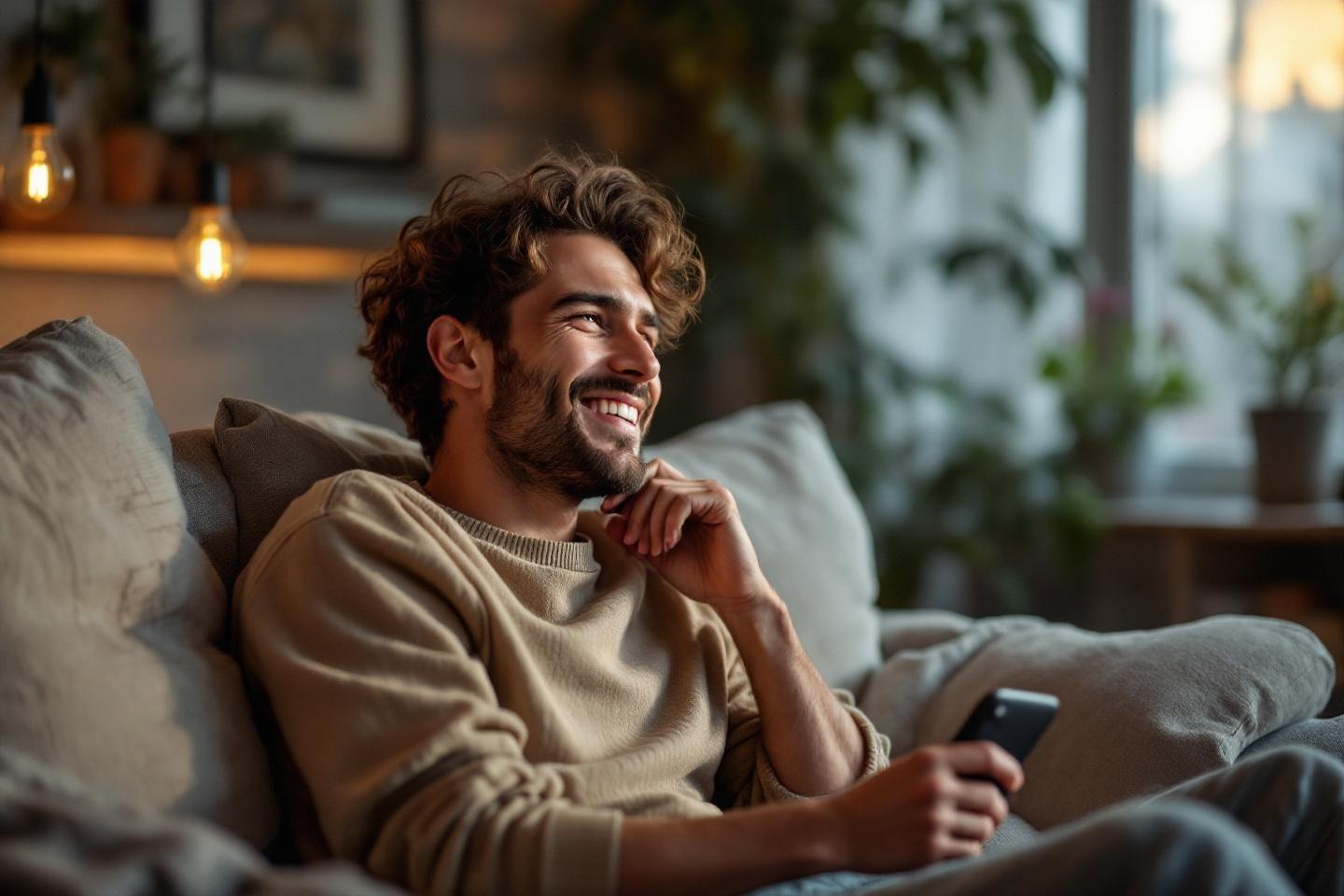 Un jeune homme détendu sourit et tient un smartphone