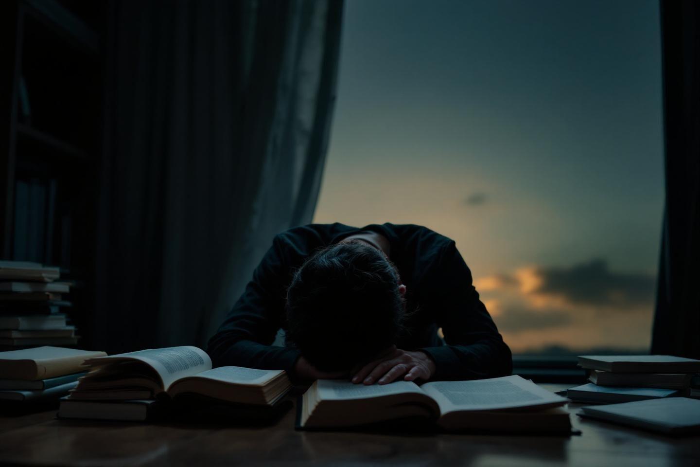 Personne endormie sur des livres près d'une fenêtre sombre