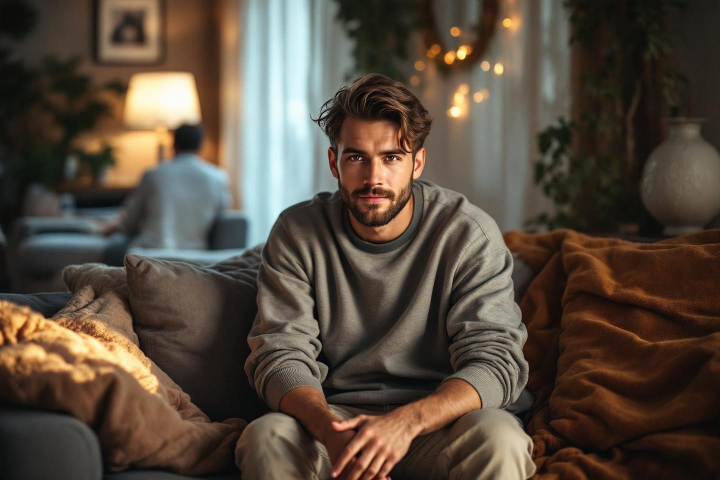 Homme en pull gris assis sur un canapé confortable