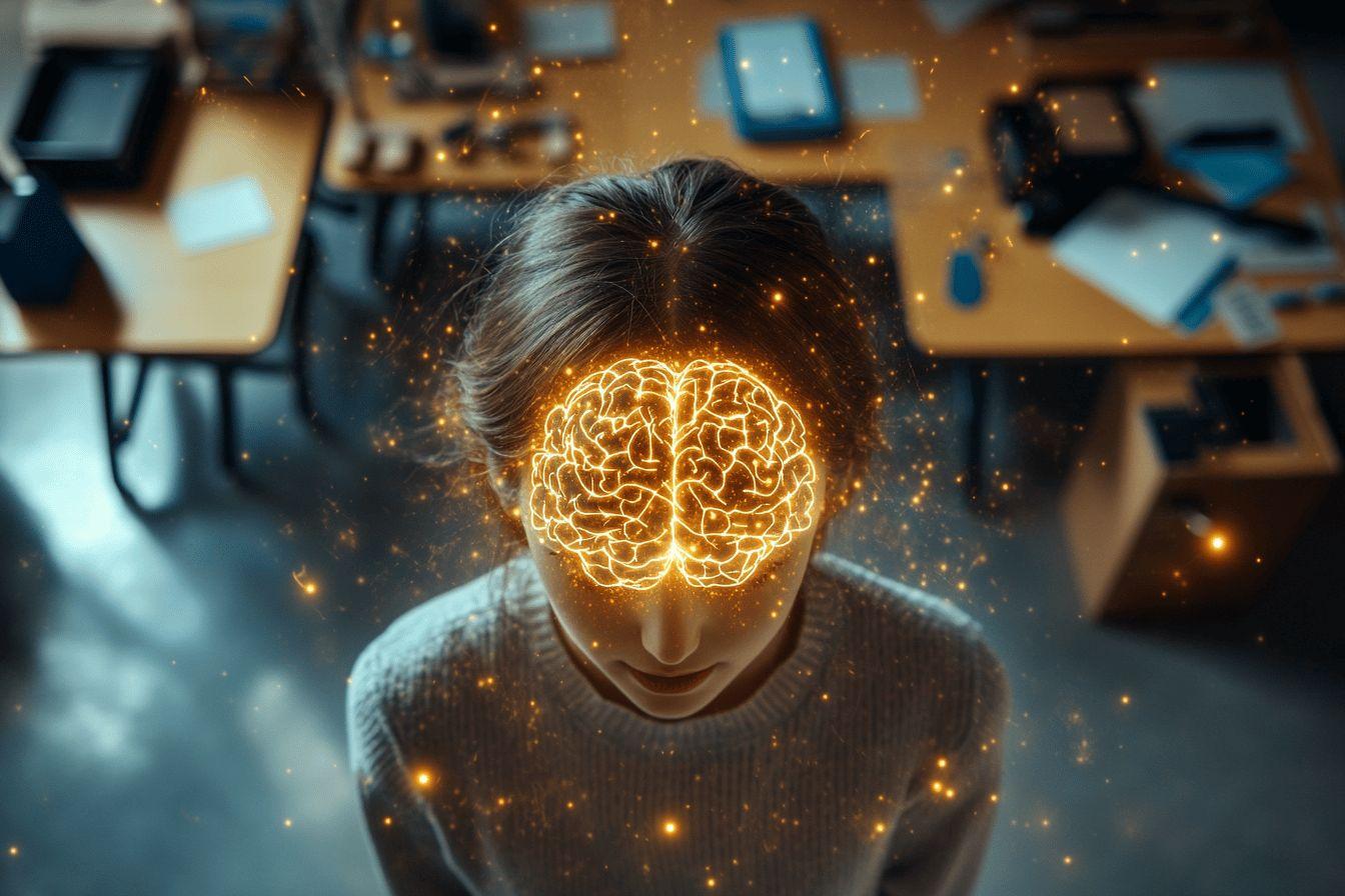 Silhouette avec cerveau lumineux dans un environnement de travail