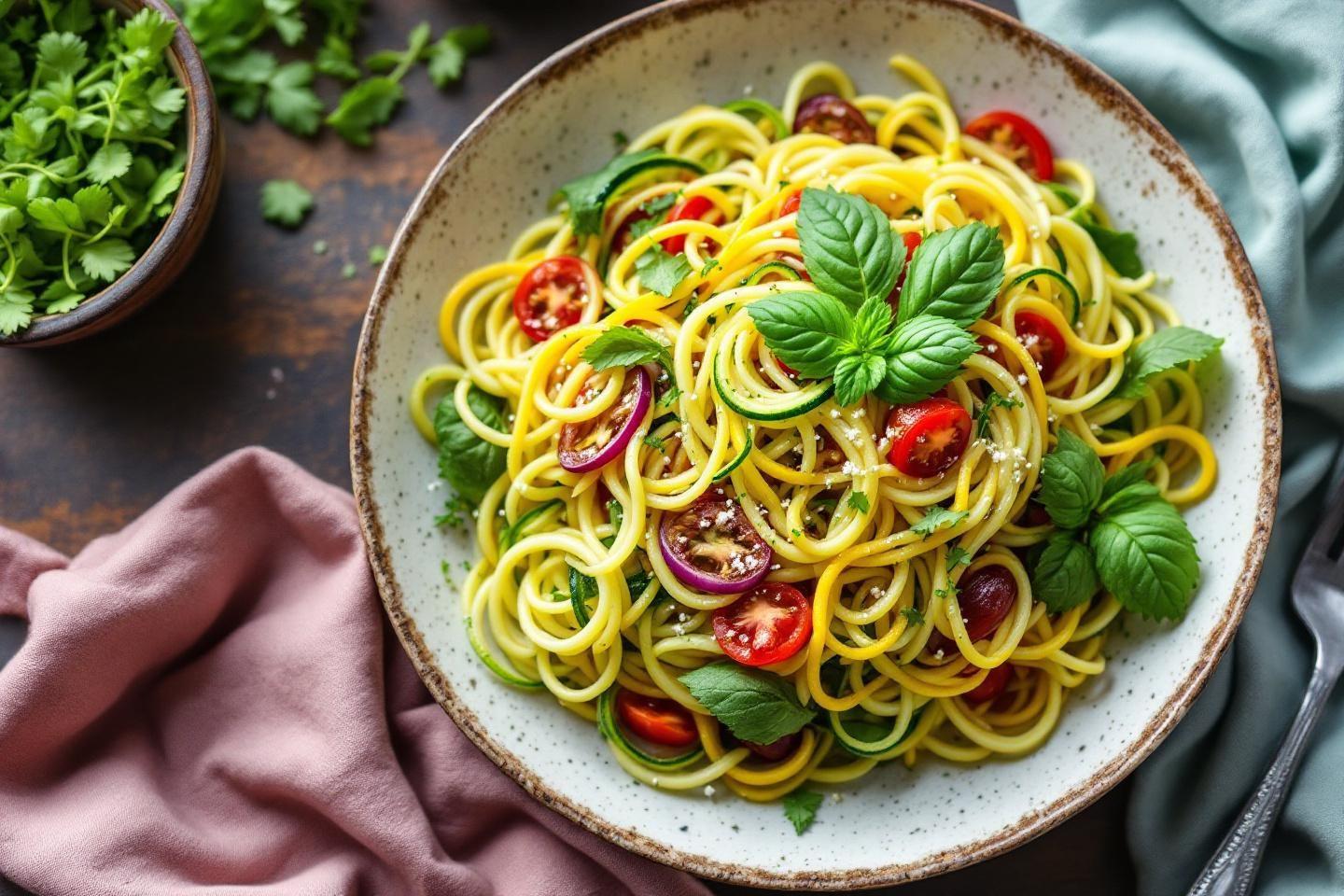 Plat de spaghettis colorés avec tomates et basilic frais