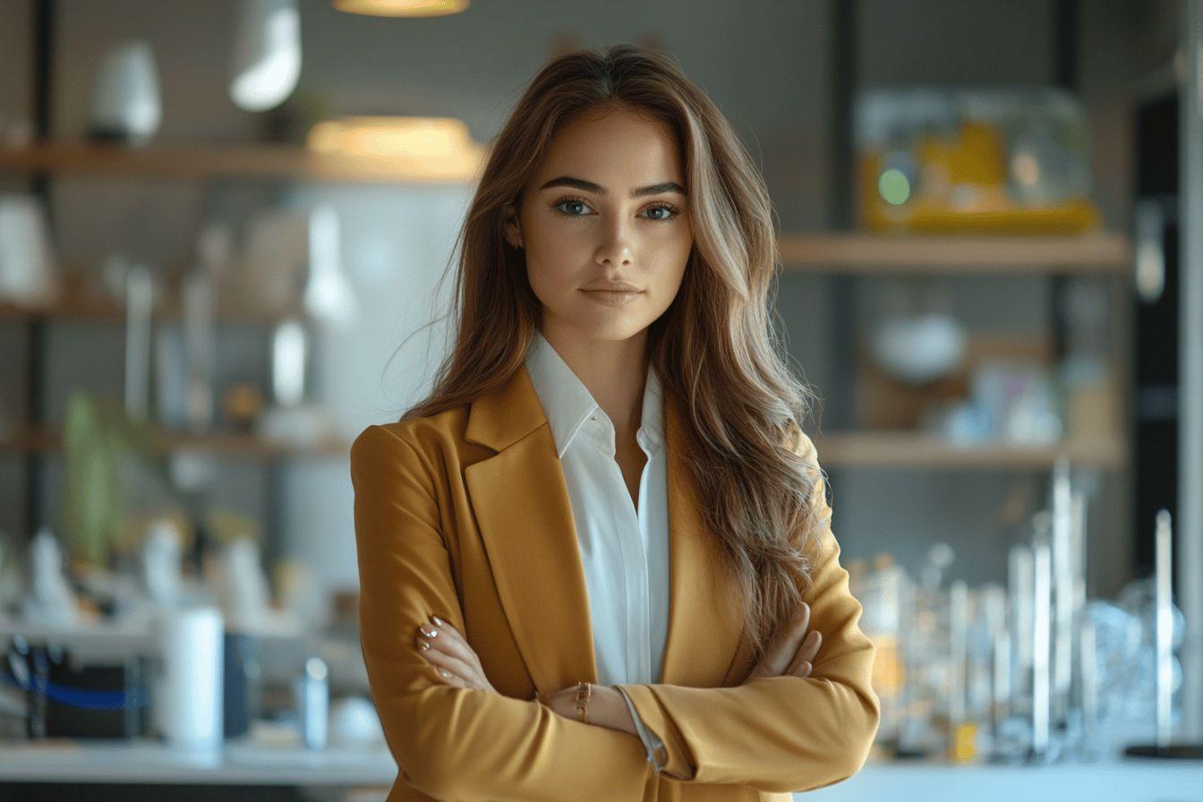 Professionnelle avec blazer jaune, bras crois&eacute;s, environnement laboratoire