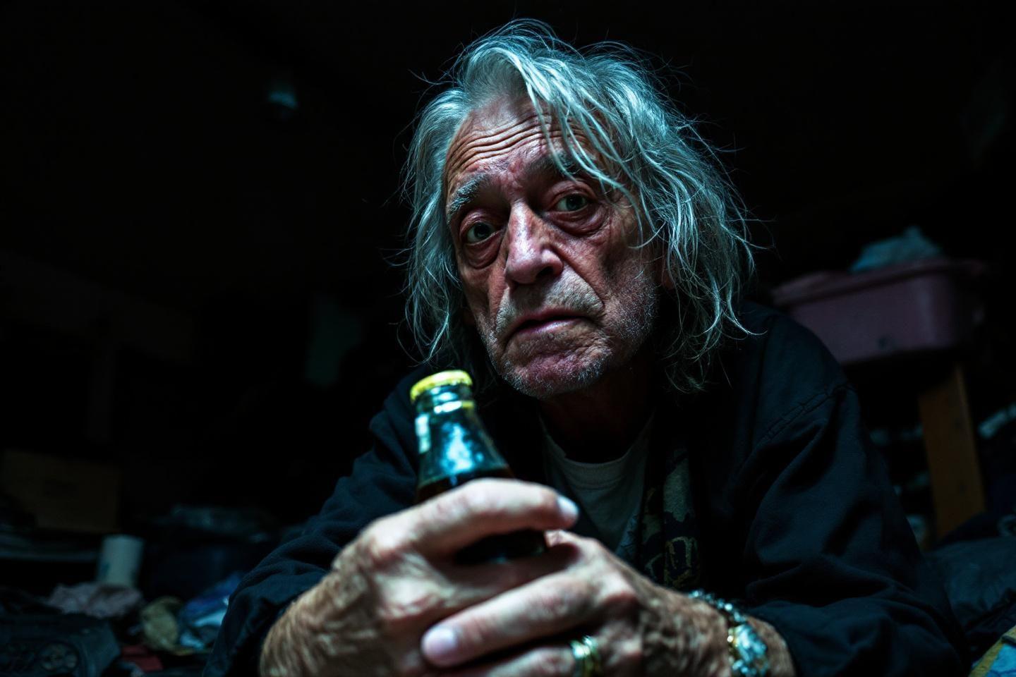 Portrait sombre d'un homme &acirc;g&eacute; tenant une bouteille