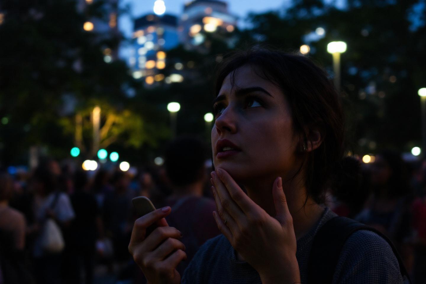 Silhouette f&eacute;minine pensive devant des lumi&egrave;res urbaines floues