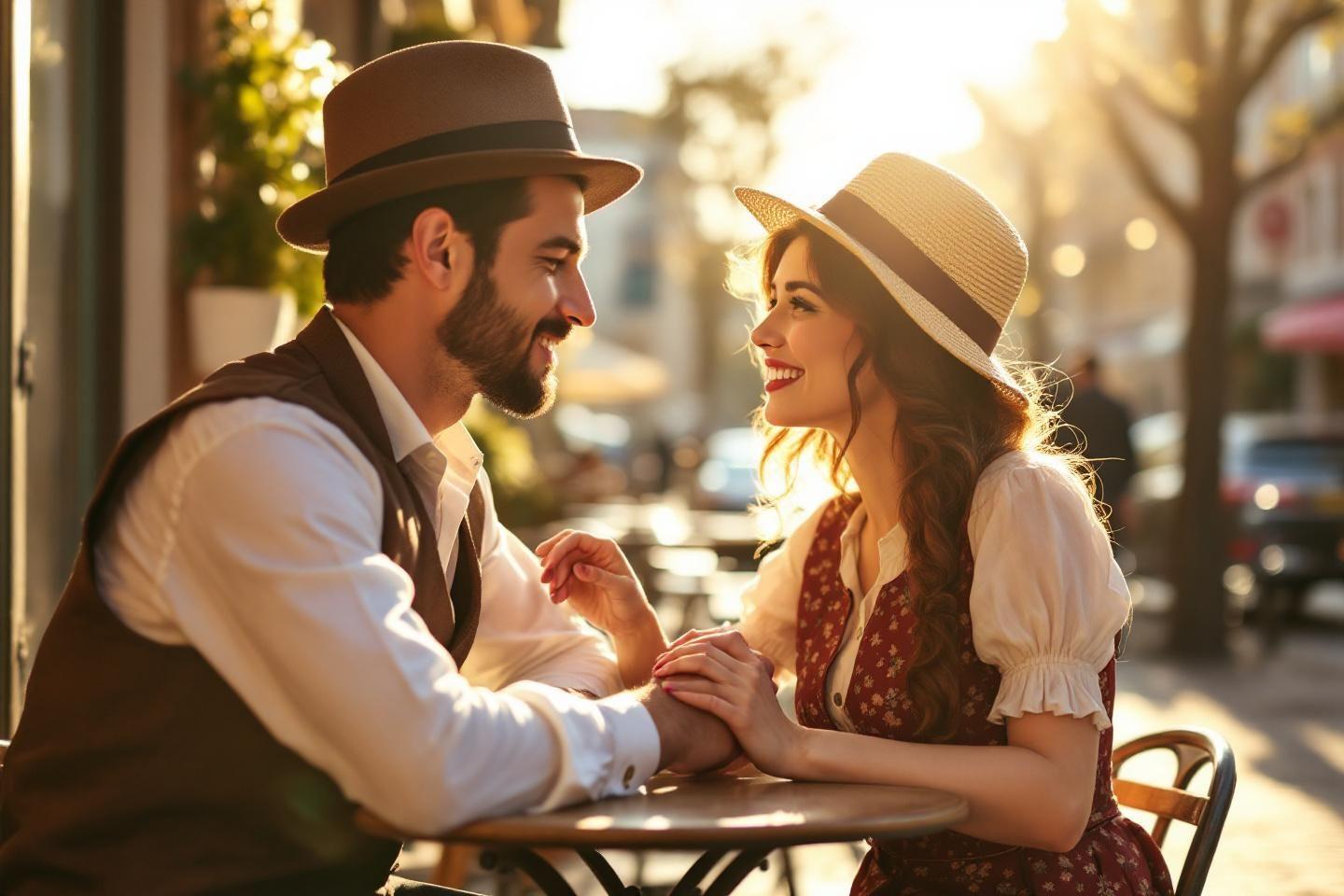 Couple élégant souriant, assis à une table de café