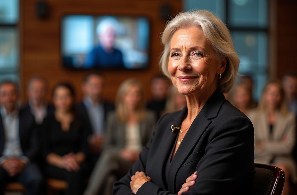 Femme &acirc;g&eacute;e souriante en costume noir devant une assembl&eacute;e