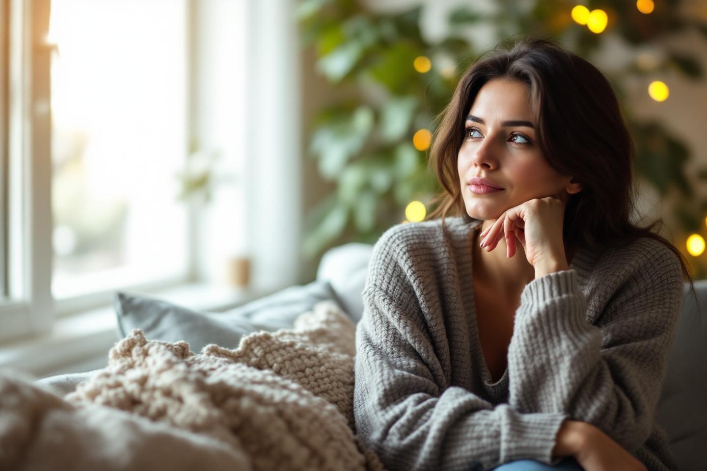 Femme pensive dans un pull gris, assise près d'une fenêtre