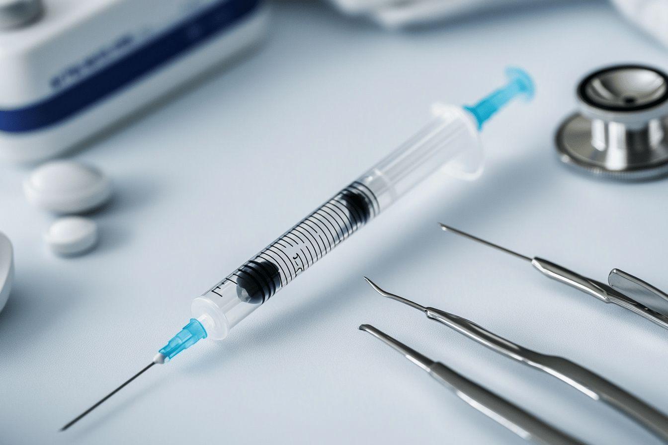 Gros plan sur une seringue et des outils chirurgicaux stériles