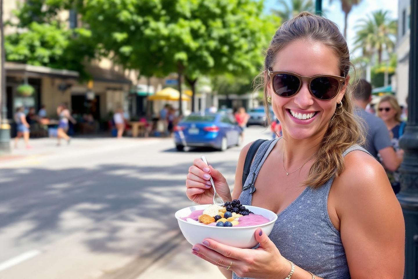 Jeune femme heureuse dégustant un bol de fruits en ville