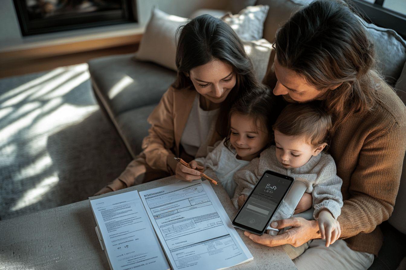 Famille avec deux adultes et deux enfants autour d'un document