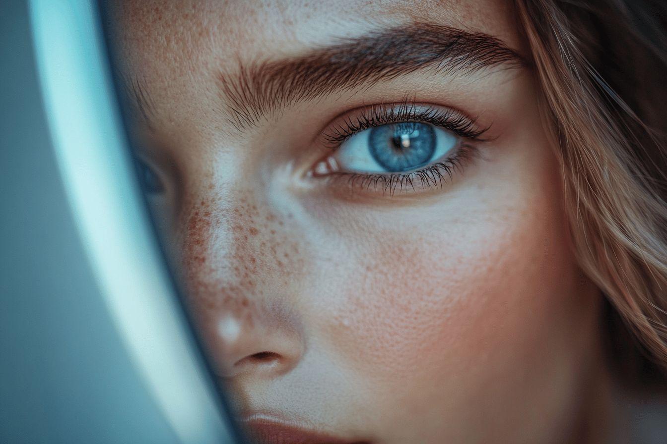 Visage avec un œil bleu intense et des taches de rousseur