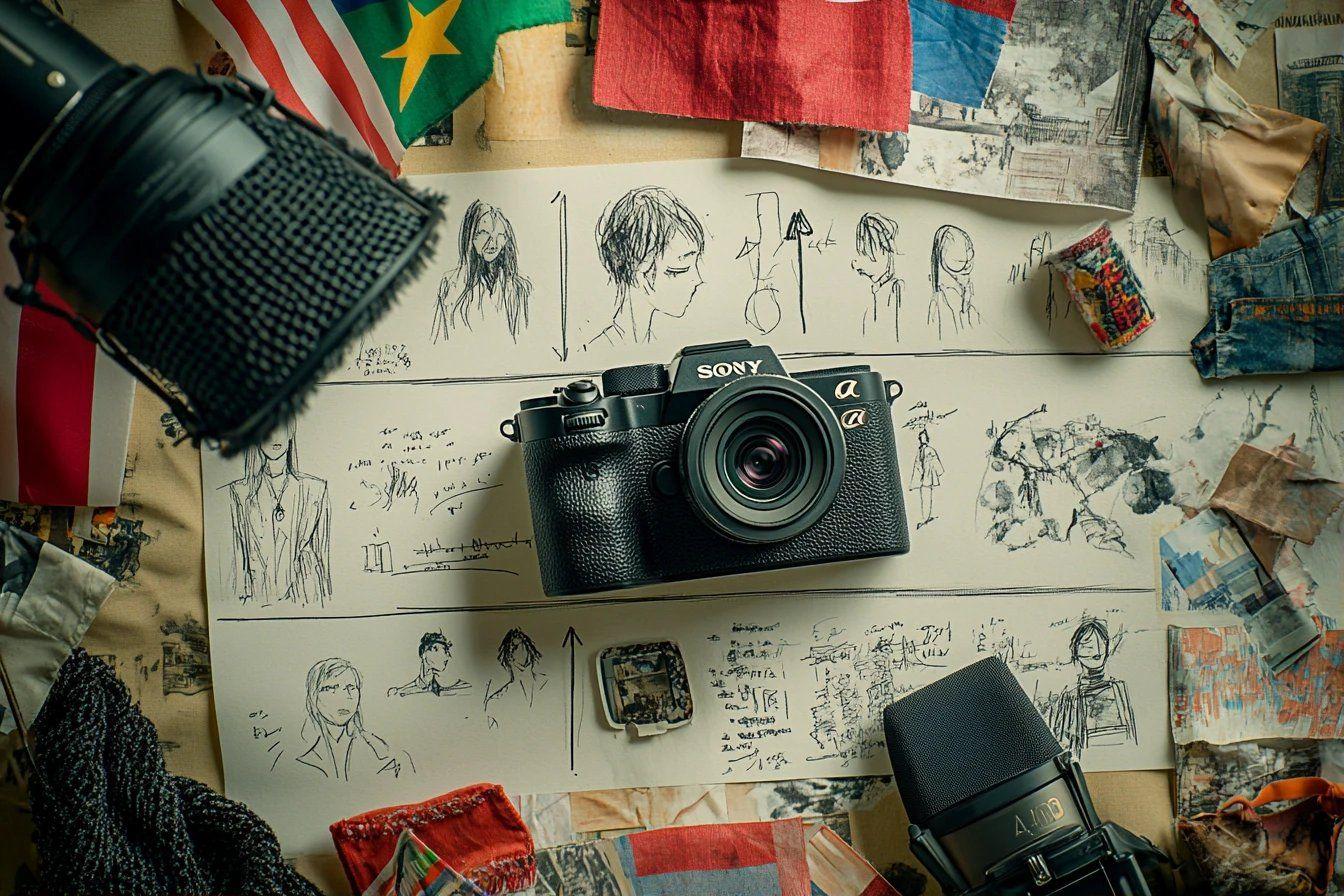 Caméra Sony entourée de dessins et accessoires photographiques