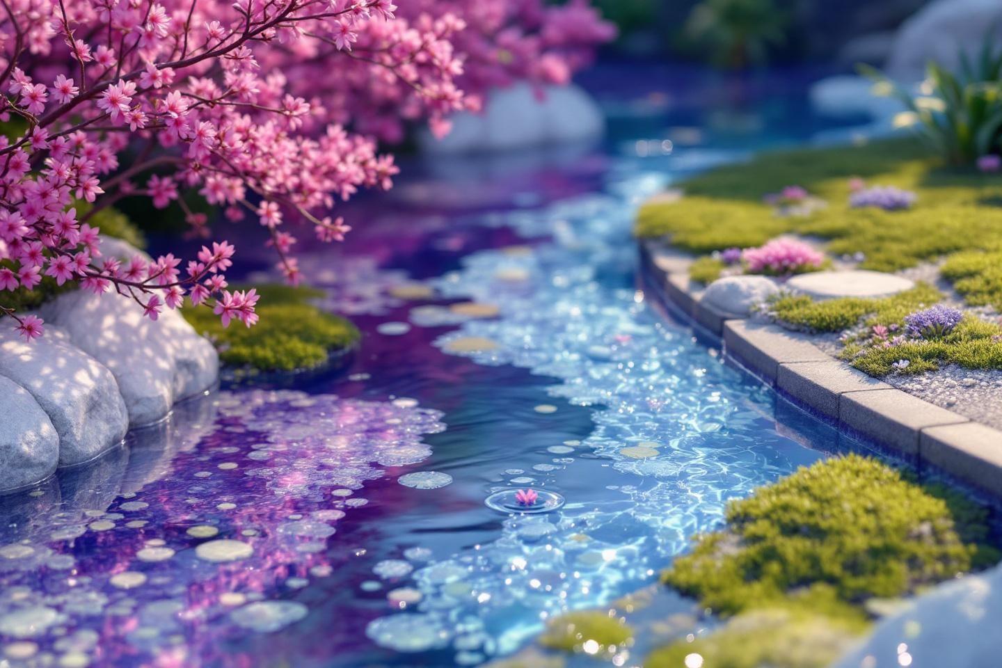Ruisseau bleu avec des fleurs de cerisier roses et mousse verte