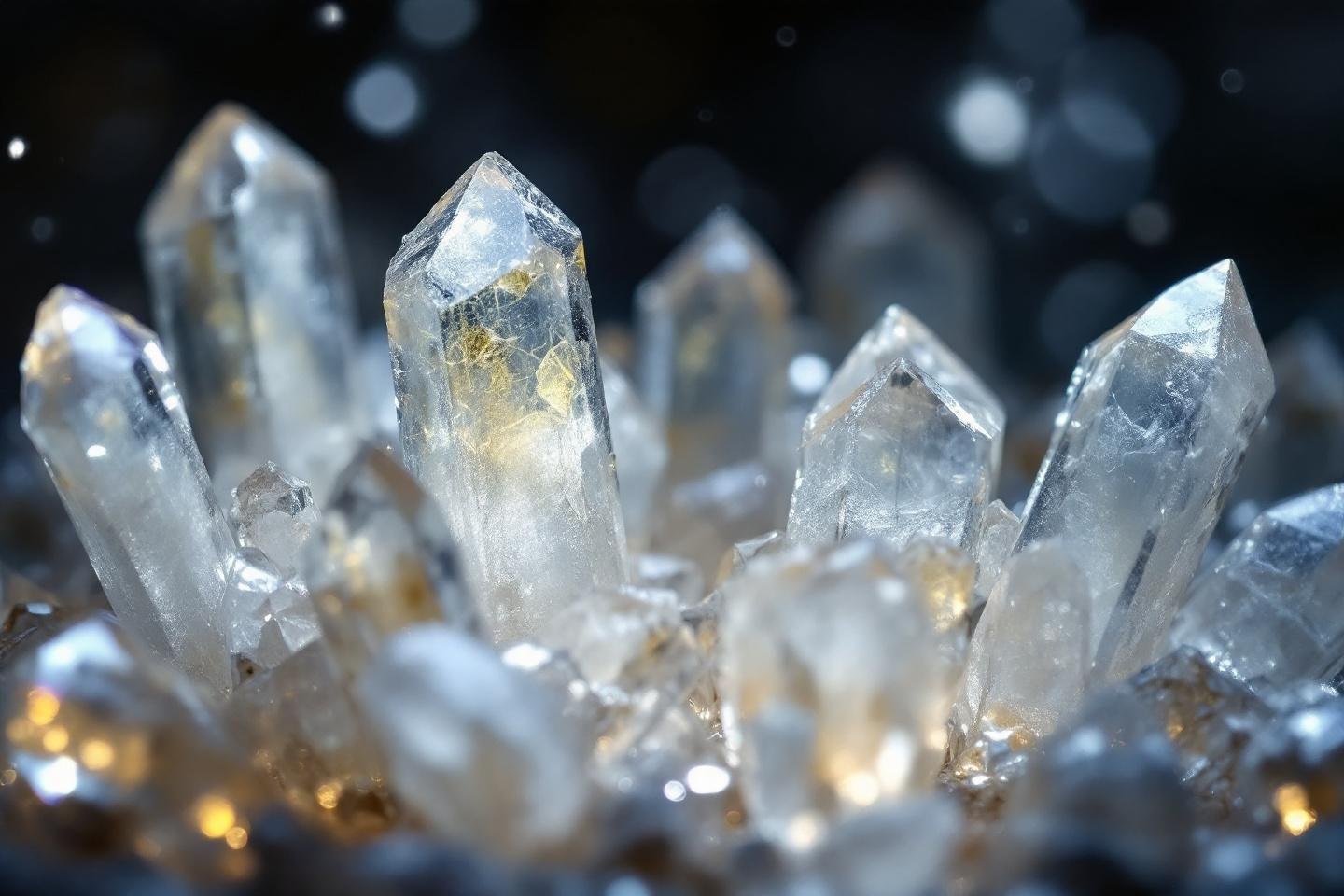Gros plan sur un groupe de cristaux de quartz transparents et lumineux