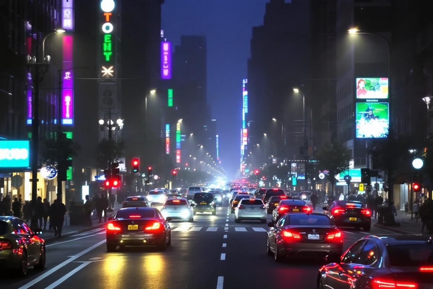Rue illuminée de Tokyo avec voitures et enseignes lumineuses