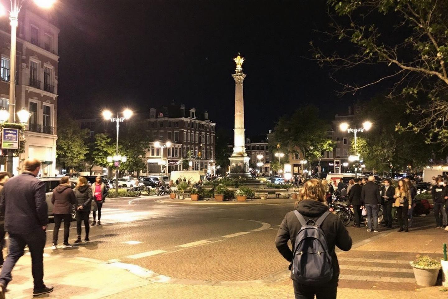 Vue de nuit d'une place centrale avec monument et piétons