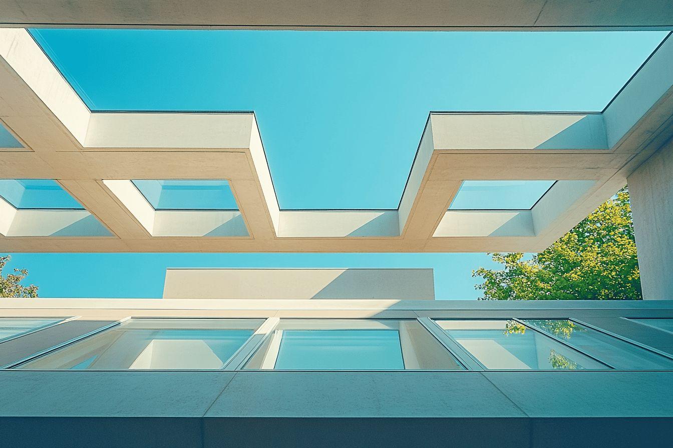 Structure architecturale g&eacute;om&eacute;trique avec ciel bleu et arbres