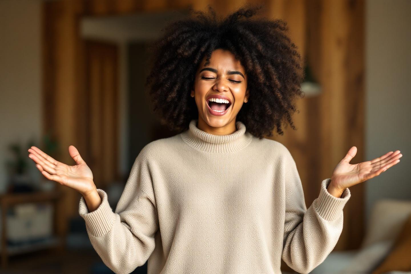 Femme aux cheveux bouclés riant avec émotion et grands gestes