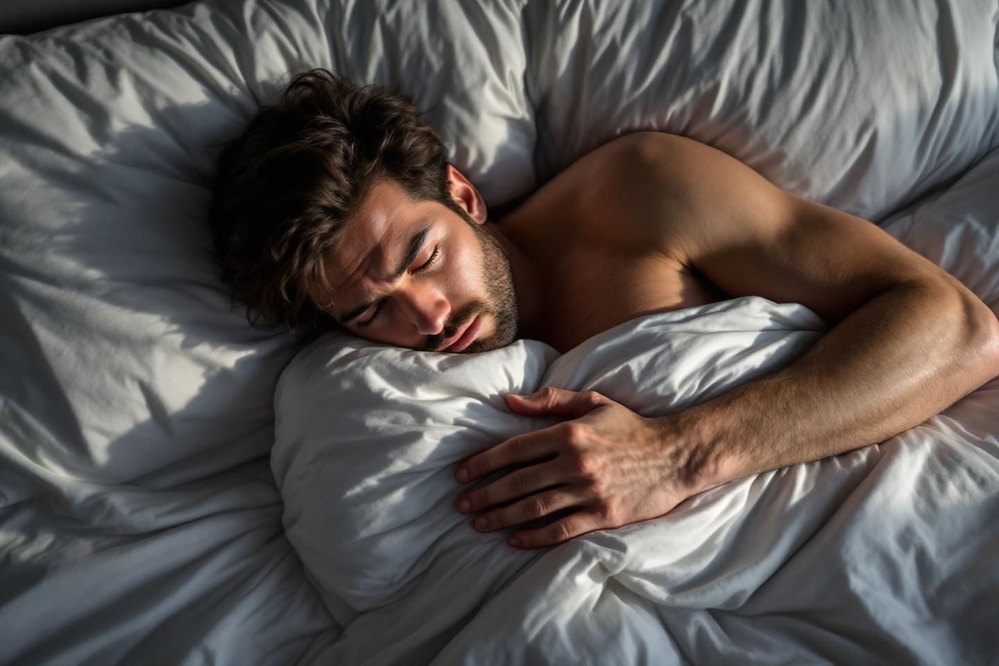 Un homme torse nu dort sur des draps blancs