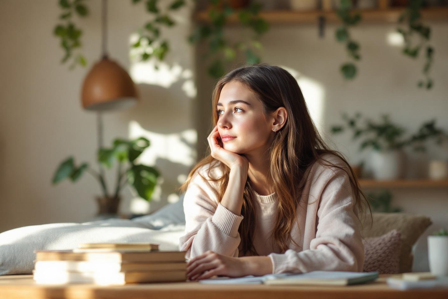 Jeune femme pensive assise près de livres, entourée de plantes
