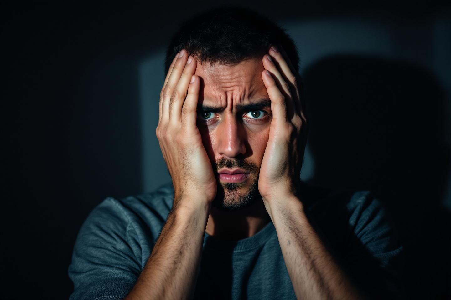 Homme les mains sur le visage, exprimant une profonde &eacute;motion