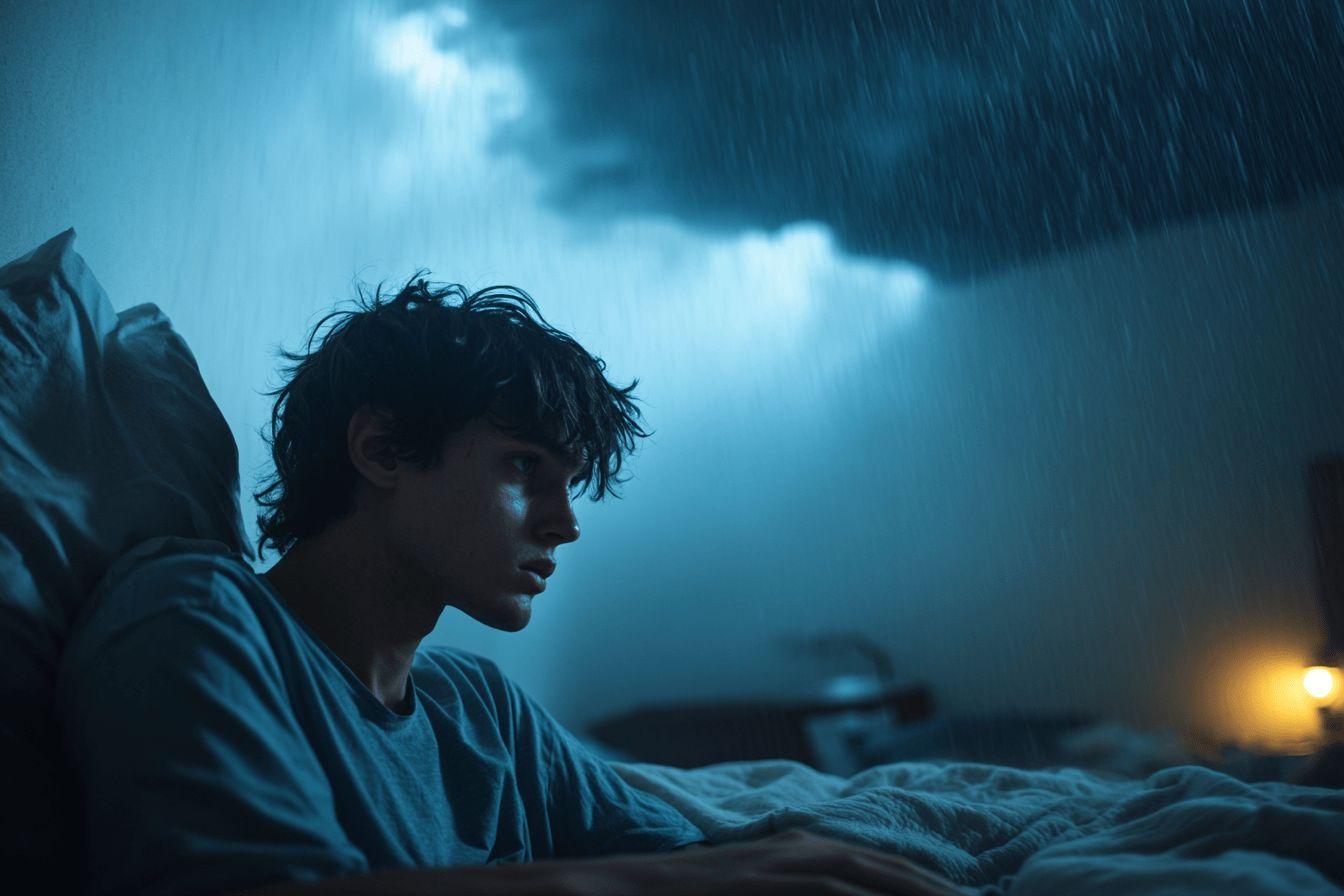 Jeune personne pensive dans une chambre sombre pluvieuse