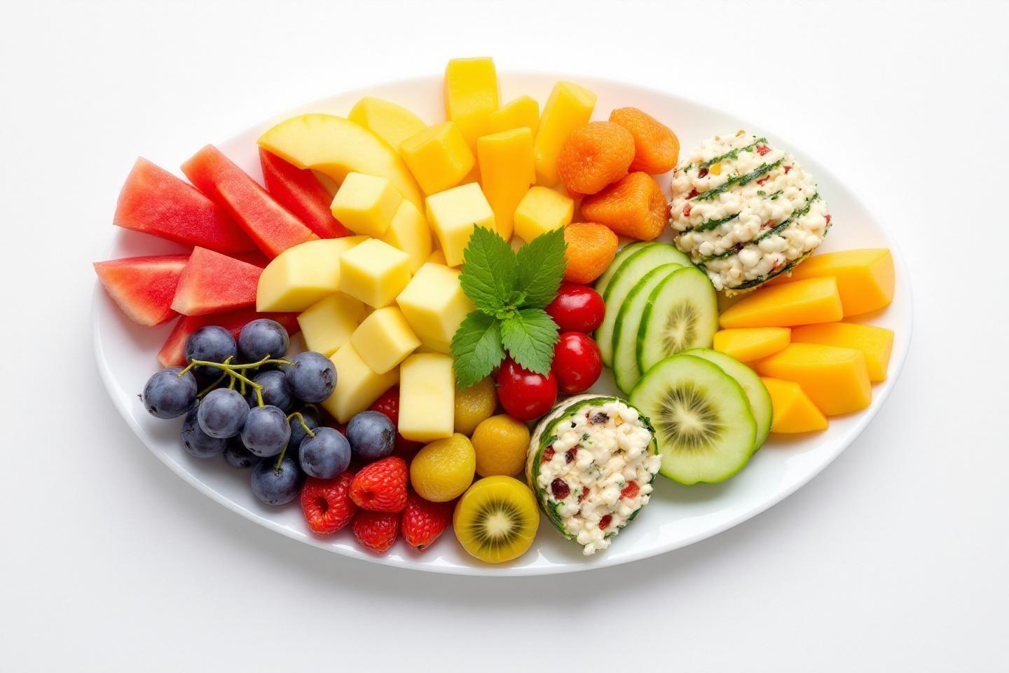 Assiette blanche avec une vari&eacute;t&eacute; de fruits d&eacute;coup&eacute;s et d&eacute;corative