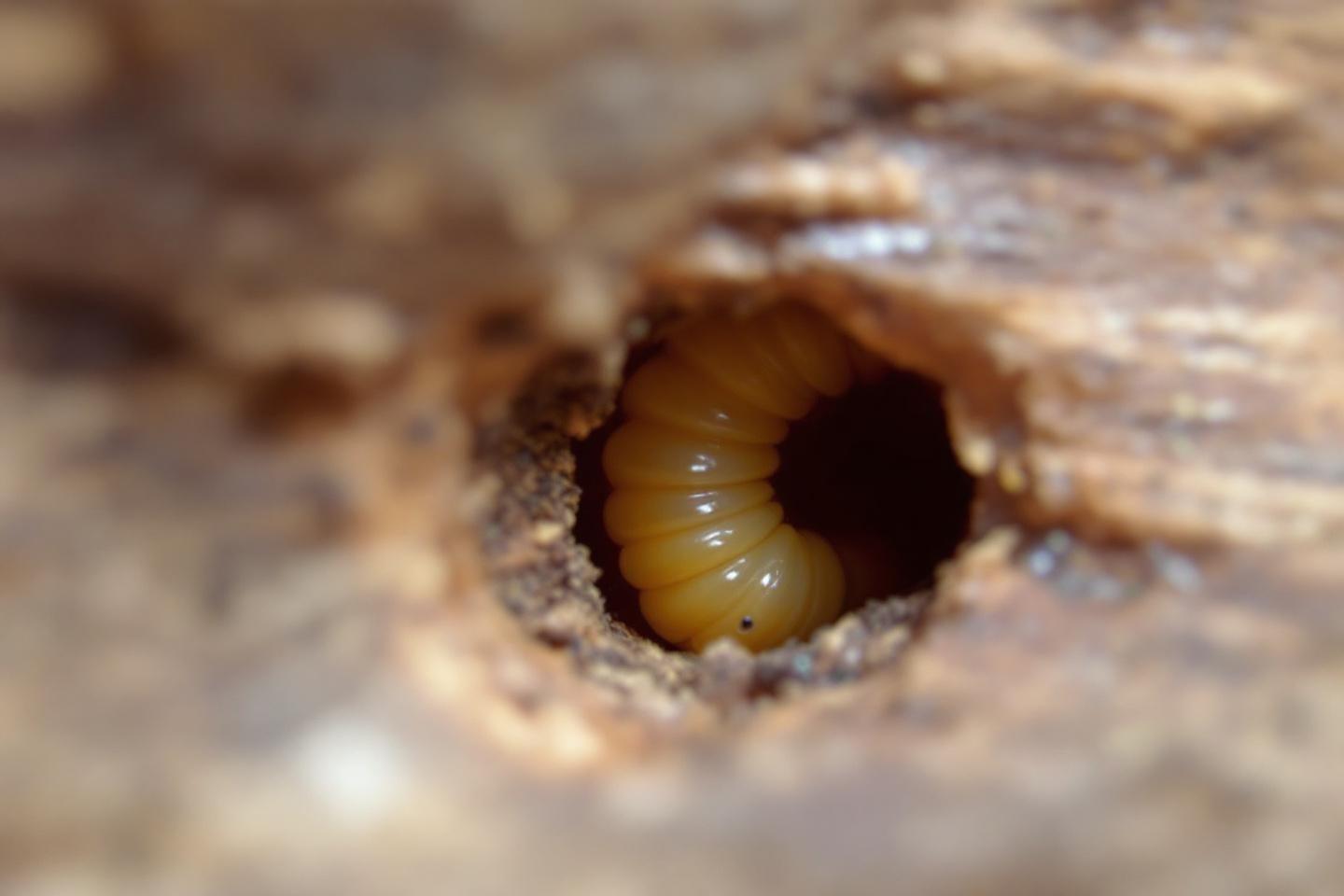 Gros plan sur une larve jaune courb&eacute;e dans un trou