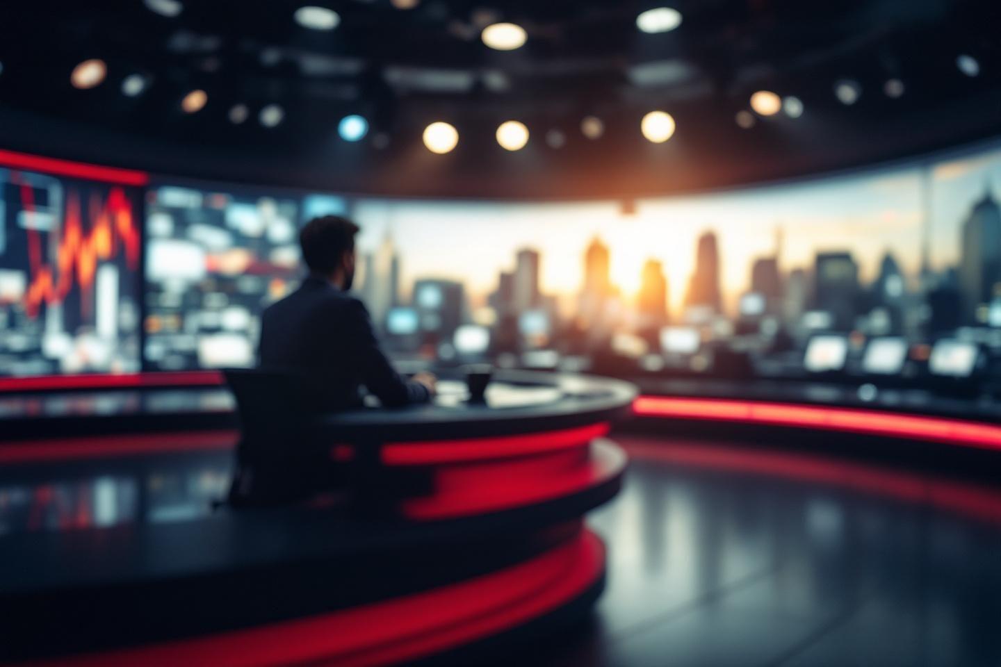 Vue floue d'un studio de t&eacute;l&eacute;vision avec un pr&eacute;sentateur et des &eacute;crans
