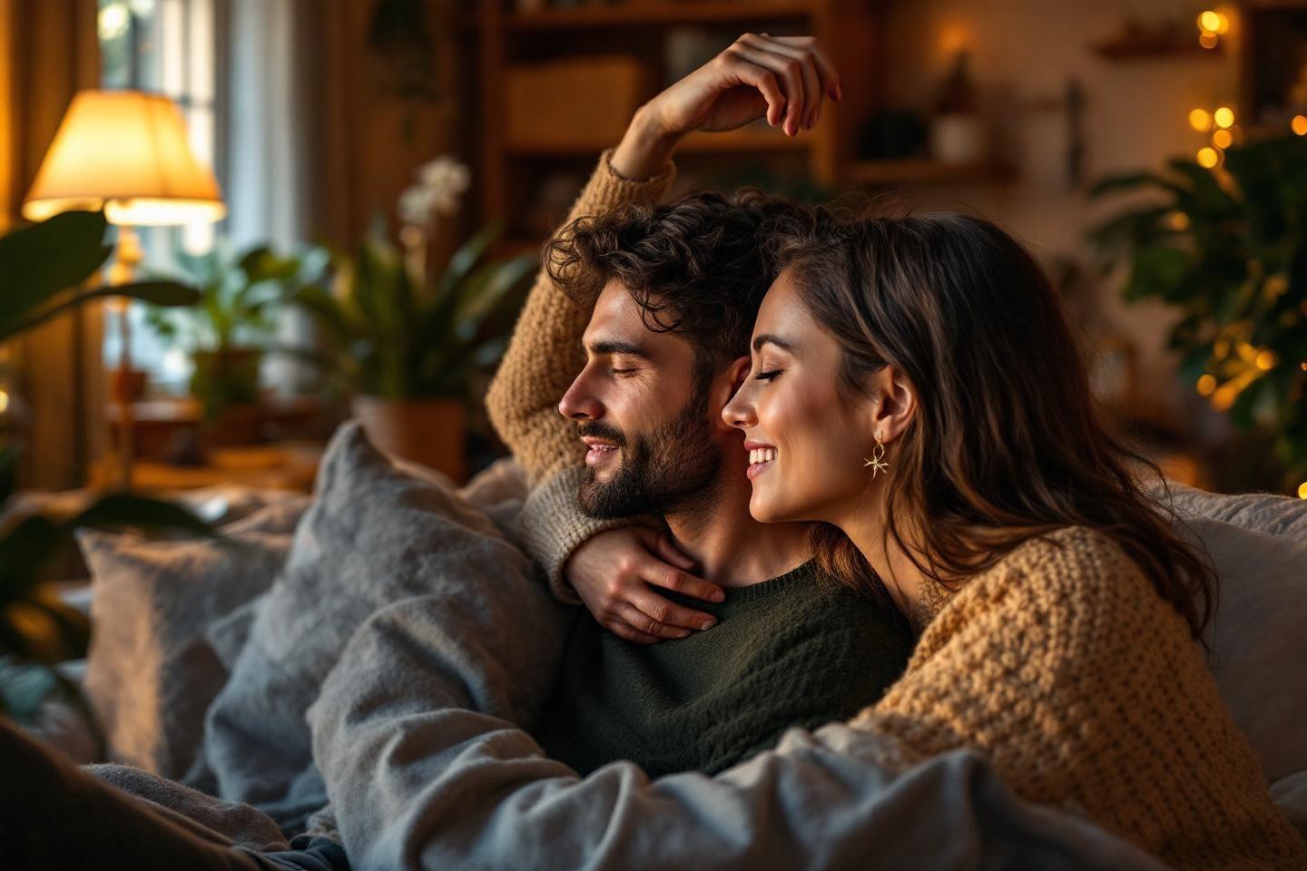 Couple enlac&eacute;, souriant, dans un int&eacute;rieur chaleureux
