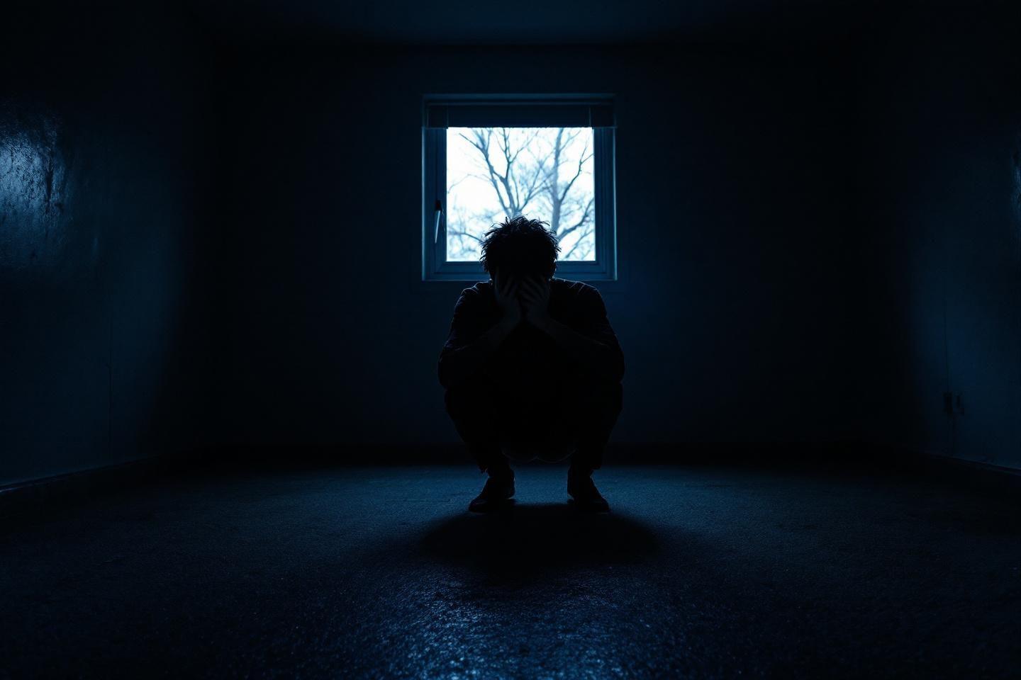 Silhouette assise dans une pi&egrave;ce sombre face &agrave; une fen&ecirc;tre glac&eacute;e