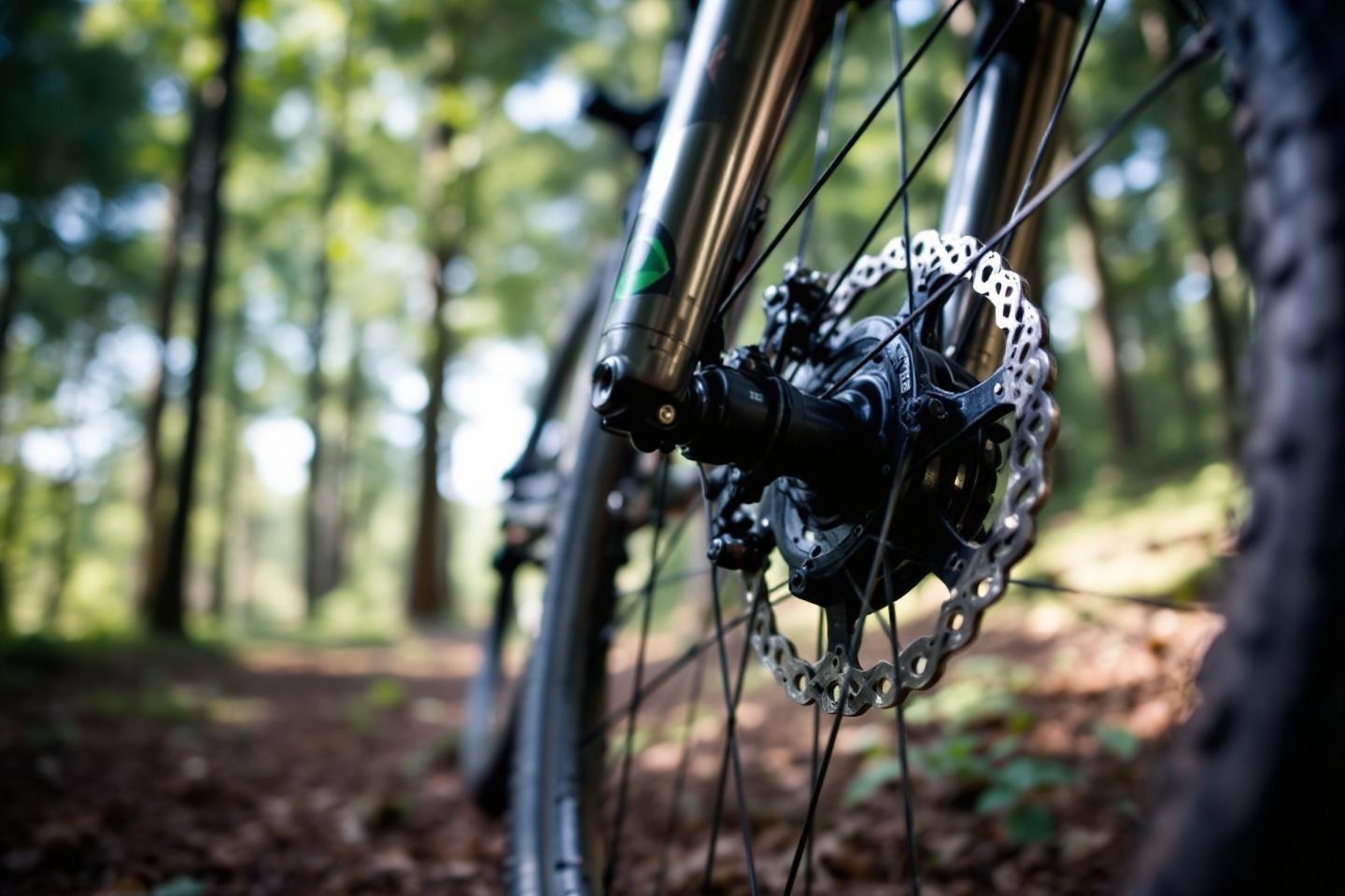 Gros plan sur le disque de frein d'un vélo en forêt