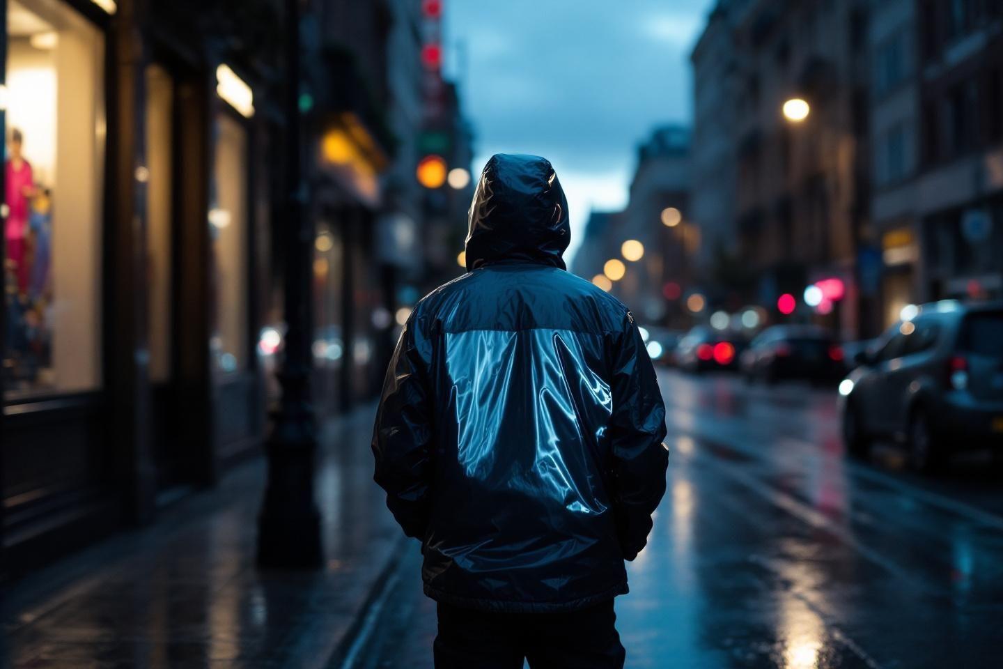 Dos à la caméra, silhouette à capuche dans rue urbaine nocturne