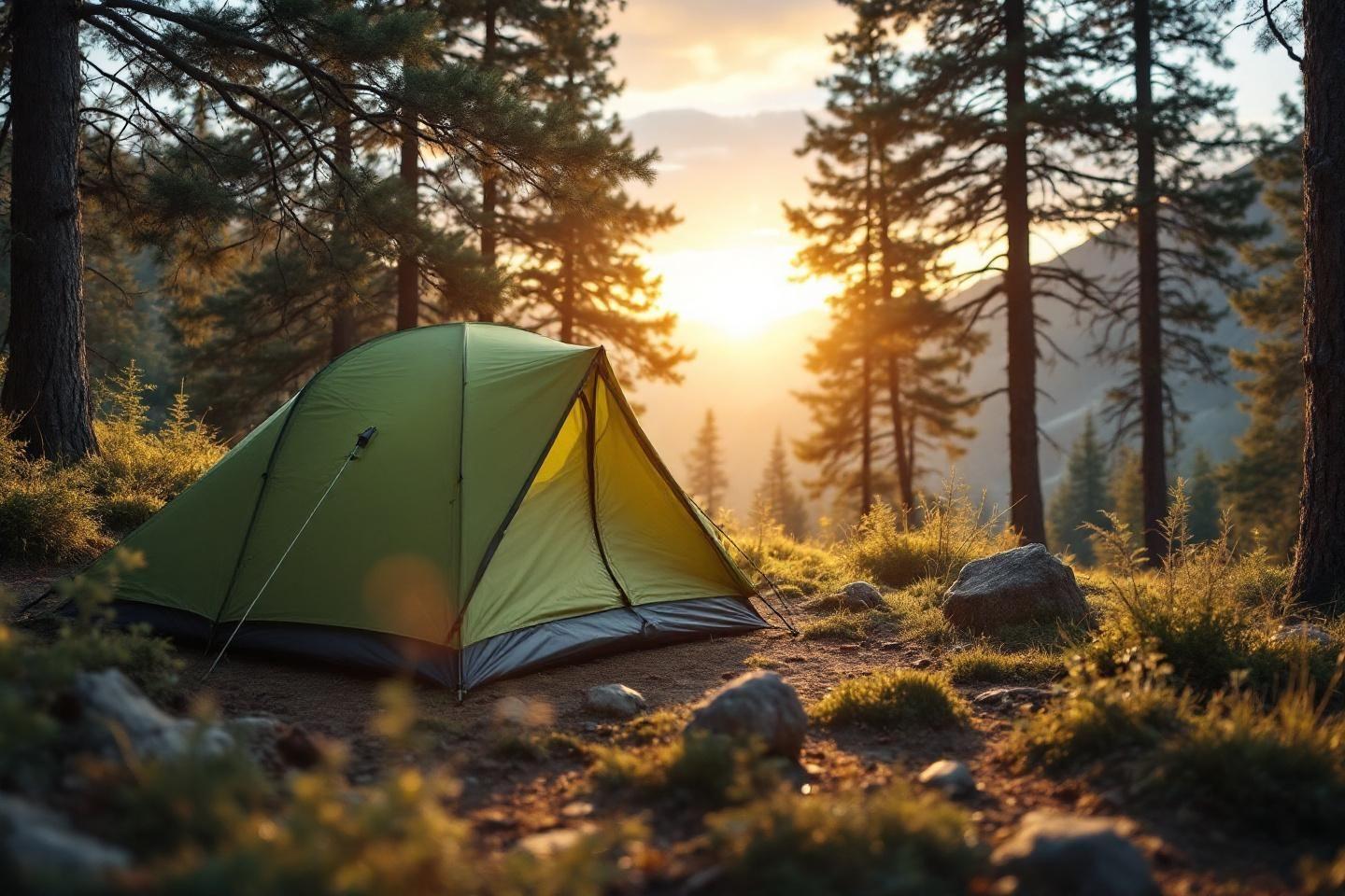 Tente verte dans une forêt paisible au petit matin