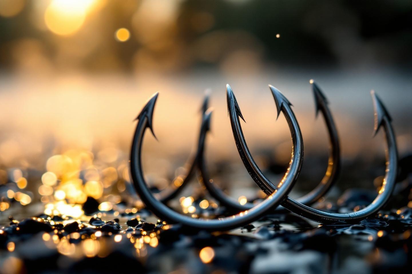 Crochets de pêche métalliques brillants avec bokeh doré