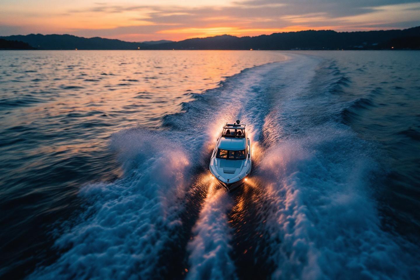 Navire rapide sur lac au coucher du soleil