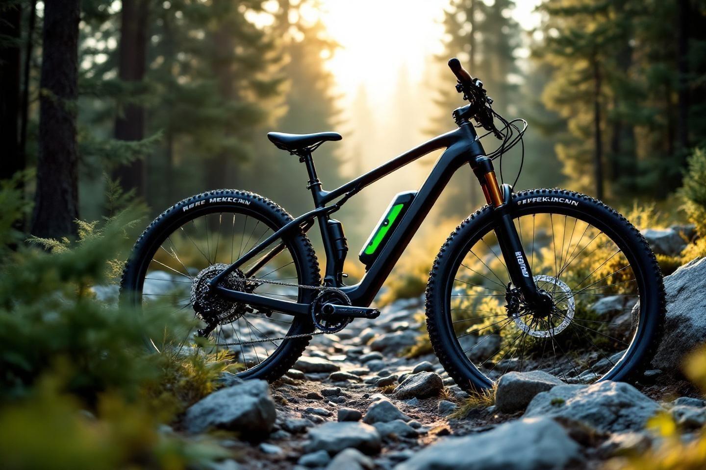 Vélo de montagne noir avec batterie verte sur rochers en forêt