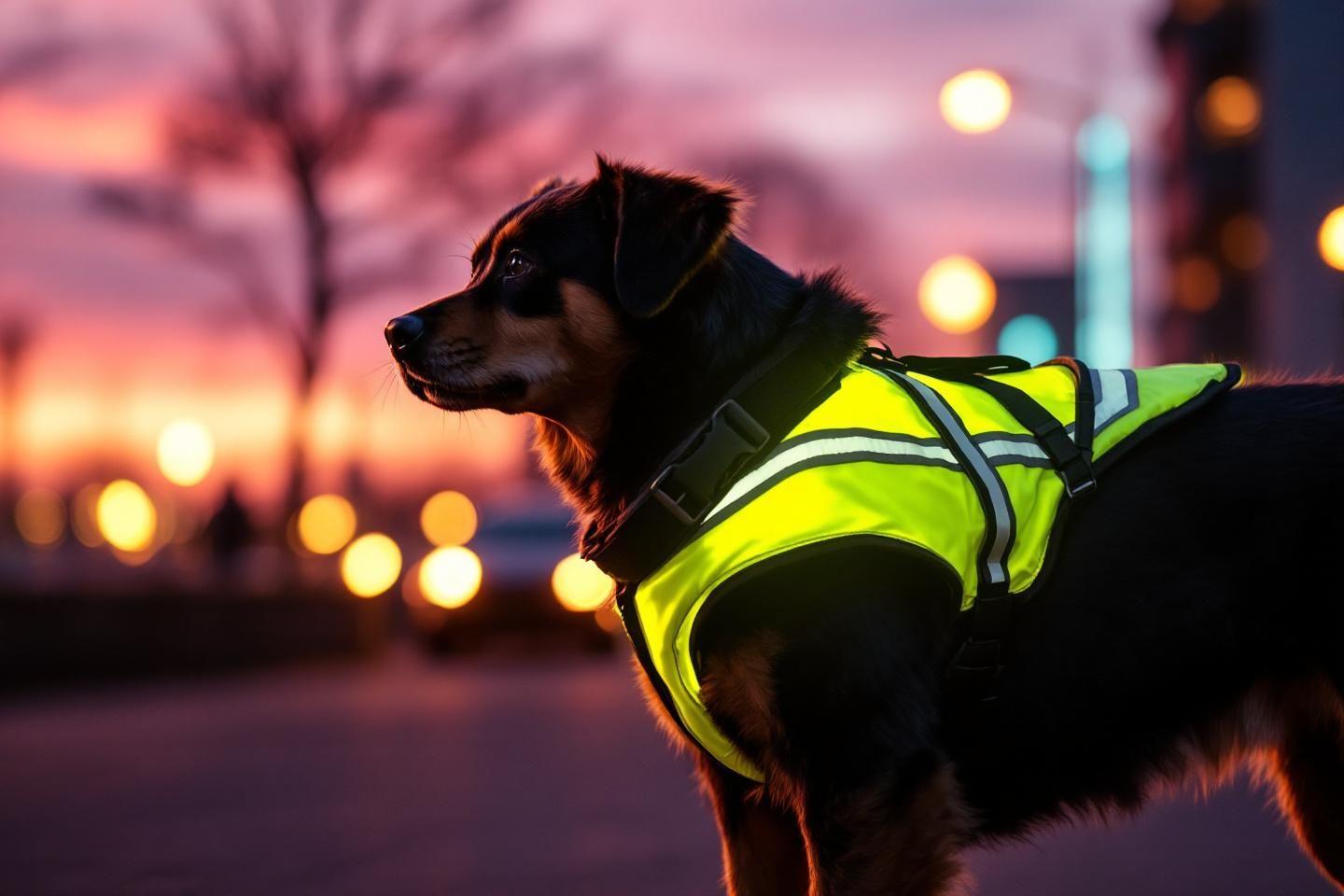 Chien noir portant un gilet jaune fluorescent au crépuscule