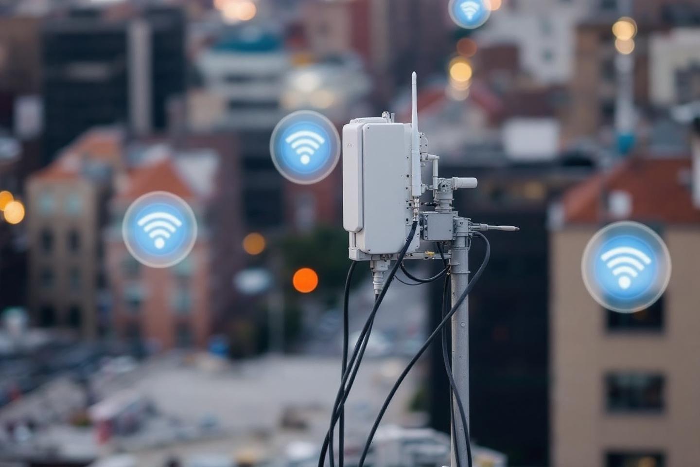 Équipement réseau sans fil avec symboles Wi-Fi sur fond urbain