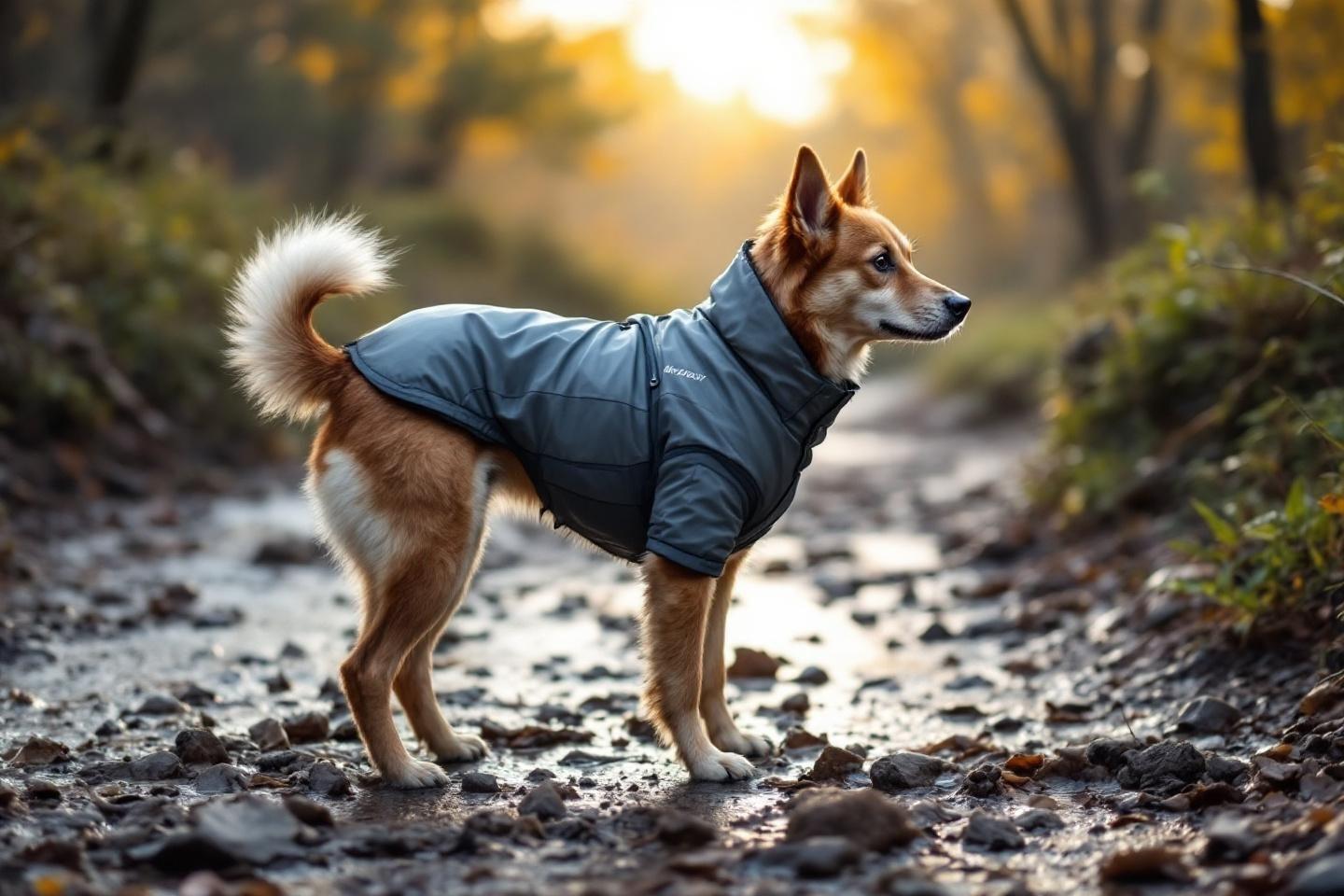 Chien portant un manteau bleu sur un sentier rocailleux en automne